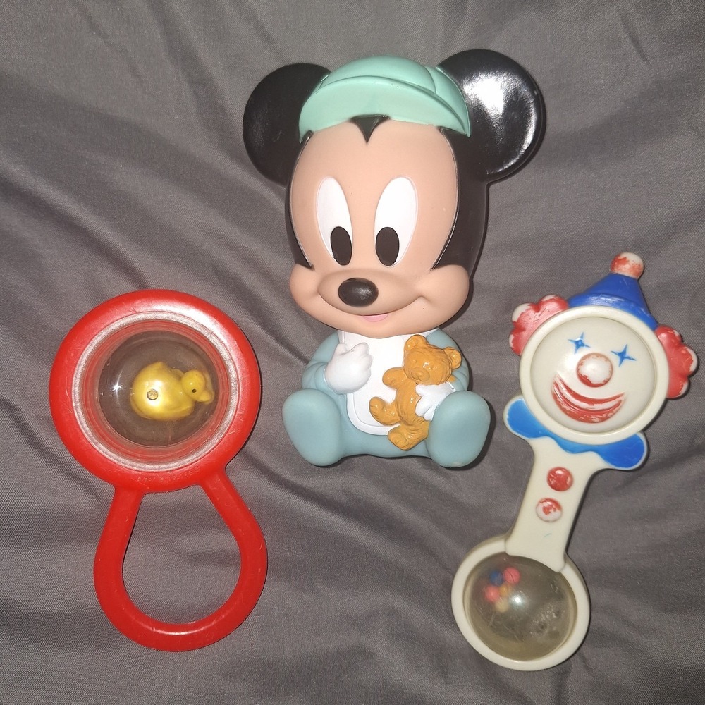 Vintage 1980's Baby Toys Mickey Mouse Squeak Clown Duck Rattle